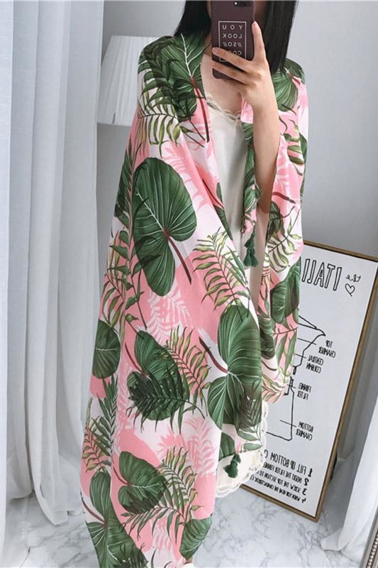 Pink Palm Leaves Tassel Scarf - Accessories