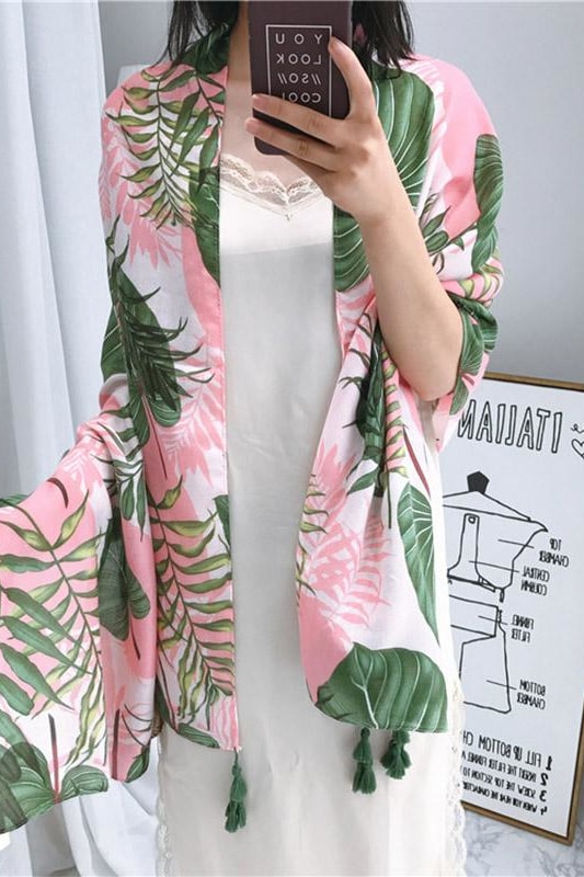 Pink Palm Leaves Tassel Scarf - Accessories