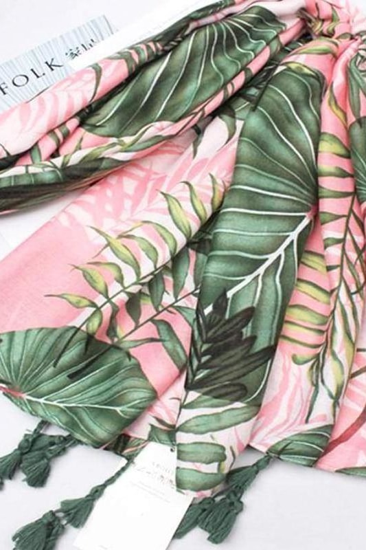Pink Palm Leaves Tassel Scarf - Accessories