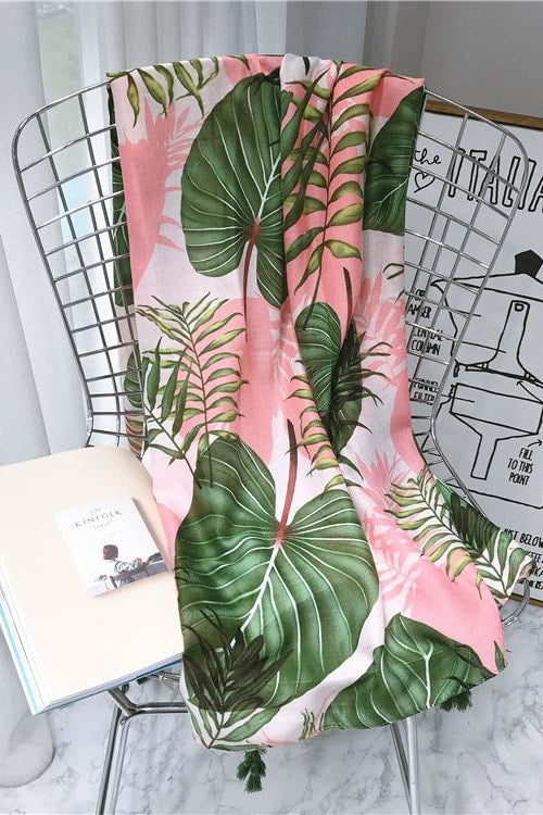 Pink Palm Leaves Tassel Scarf - Accessories