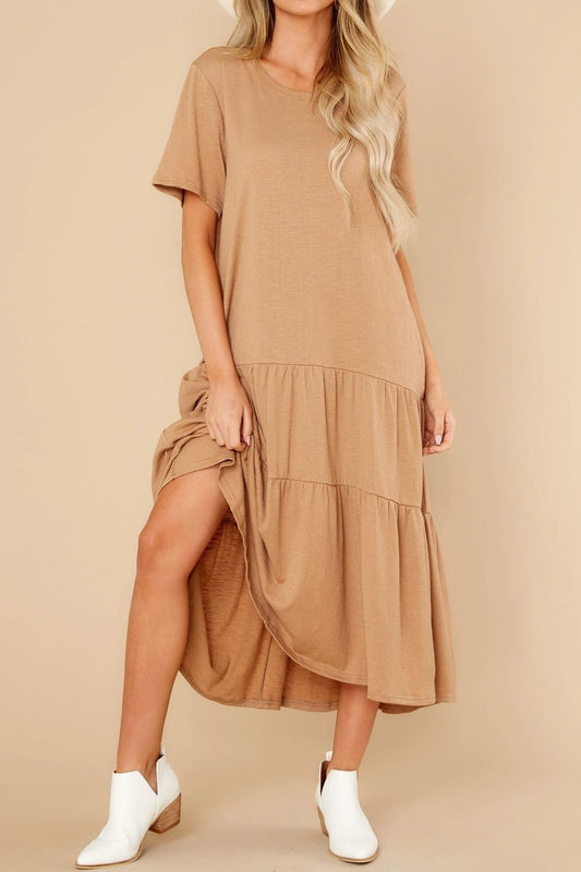Renee Ruffle Midi T-Shirt Dress - S / Camel - Clothing