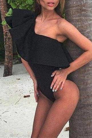 Ritzy Ruffle Bodysuit - Black / L - Clothing