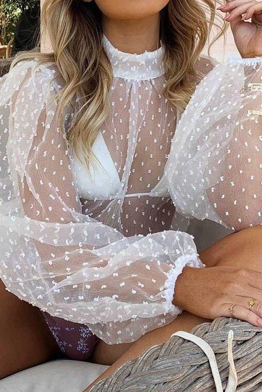 Rosalie Sheer Polka Dot Top - White / S - Clothing