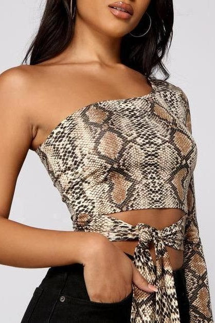 Selena Snakeskin One Sleeve Tie Top - Tops