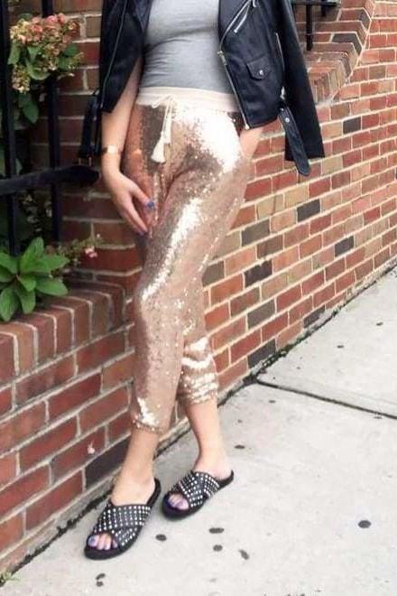 Sequin Capri Joggers - Champagne / L - Clothing