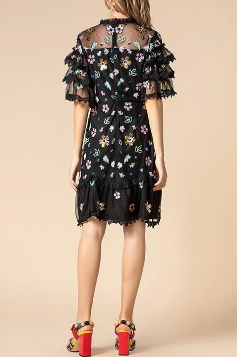 Sequin Floral Ruffle Mini Dress - Clothing