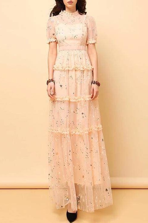 Sequin Mesh Maxi Ruffle Dress (Pink) - Pink / Clothing
