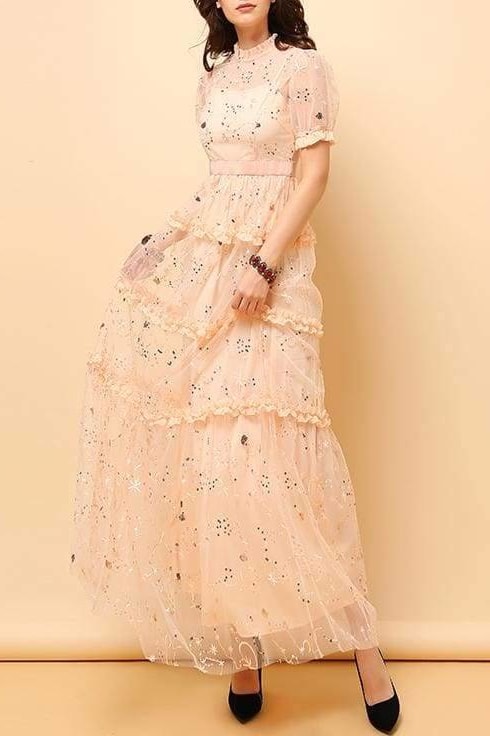 Sequin Mesh Maxi Ruffle Dress (Pink) - Clothing