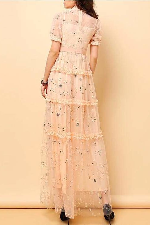 Sequin Mesh Maxi Ruffle Dress (Pink) - Clothing