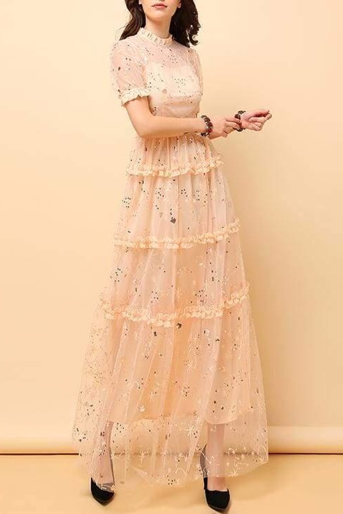 Sequin Mesh Maxi Ruffle Dress (Pink) - Clothing