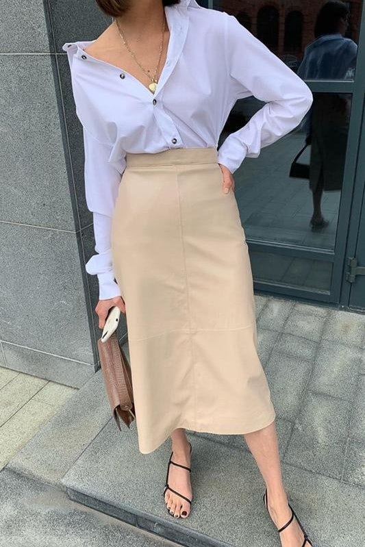Sheila Pleather Midi Skirt - S / Khaki - Clothing