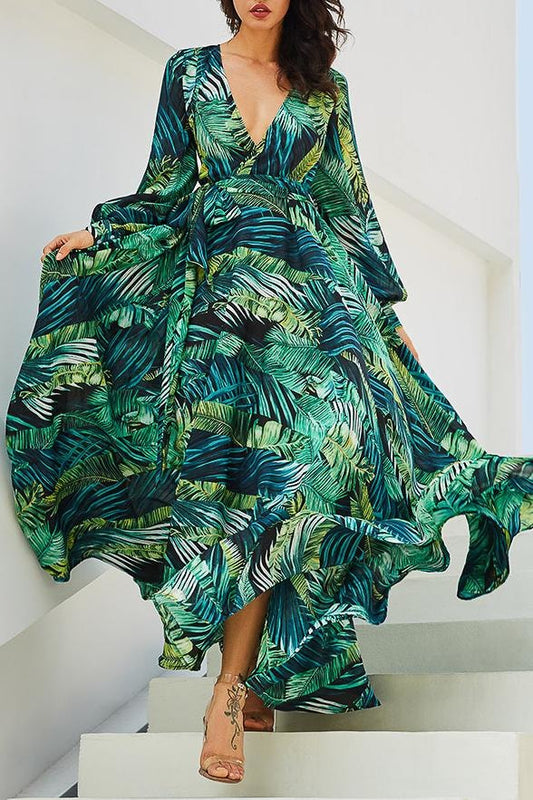 Tropical Print Vintage Maxi Dress - Green / S - Clothing