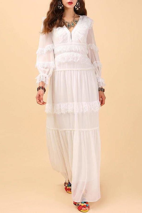 White Sheer Ruffle Maxi Dress - Clothing
