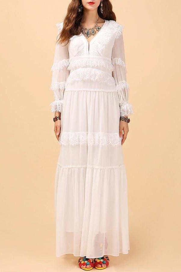 White Sheer Ruffle Maxi Dress - Clothing