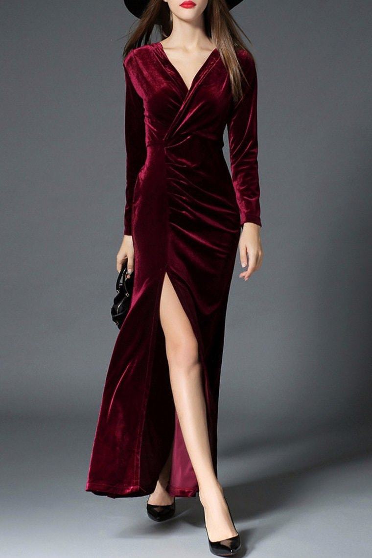 Alondra Velvet Maxi Dress - Wine / S - Clothing