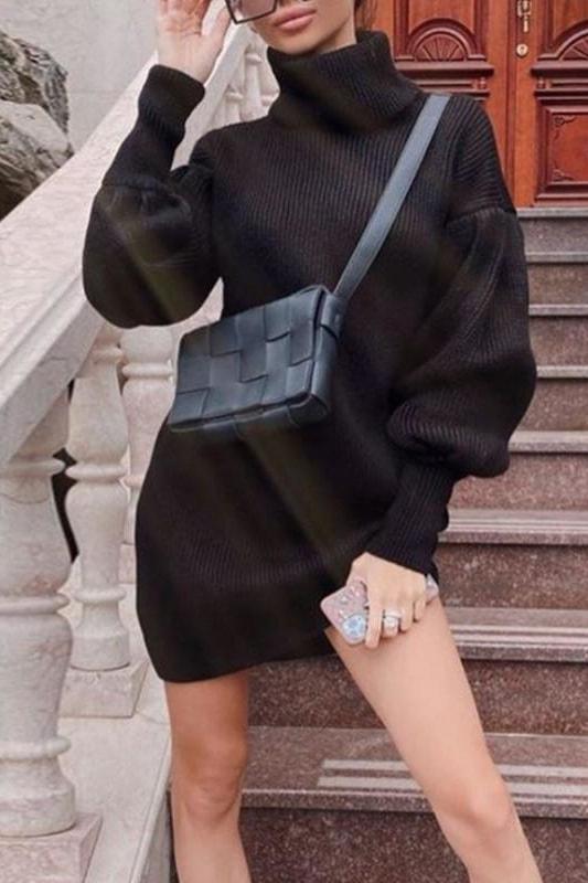 Amaya Puff Sleeve Sweater Dress - Black / XL - Clothing