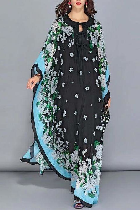 Batwing Floral Maxi Dress - Black / Clothing