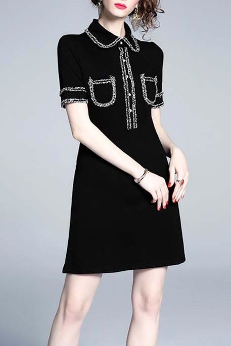 Black Collared Short Sleeve Dress - Black / M - Clothing