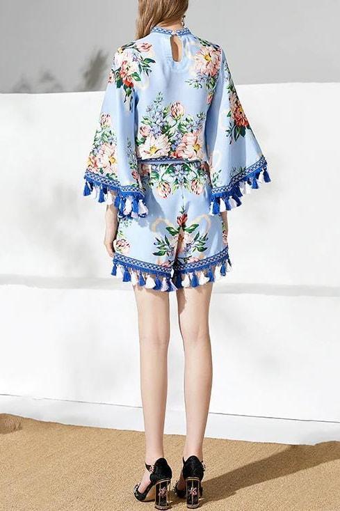 Blue Floral Tassel Two Piece Set - Clothing