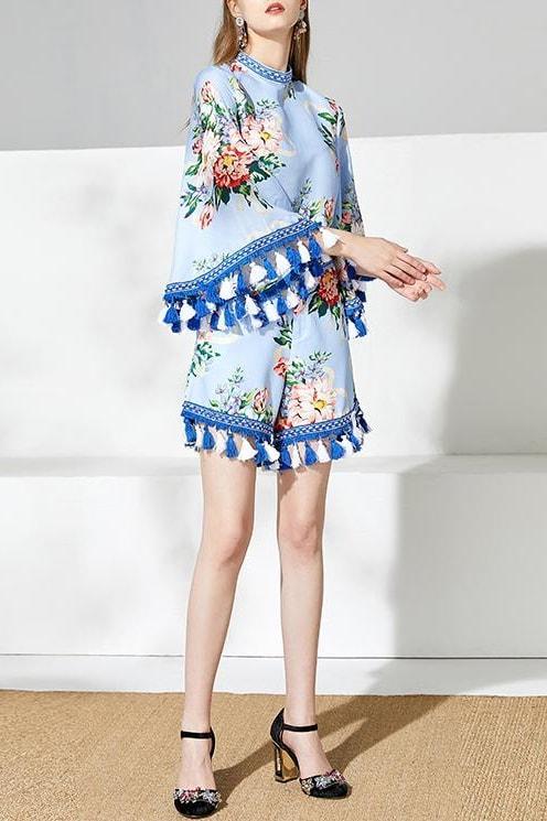 Blue Floral Tassel Two Piece Set - Clothing