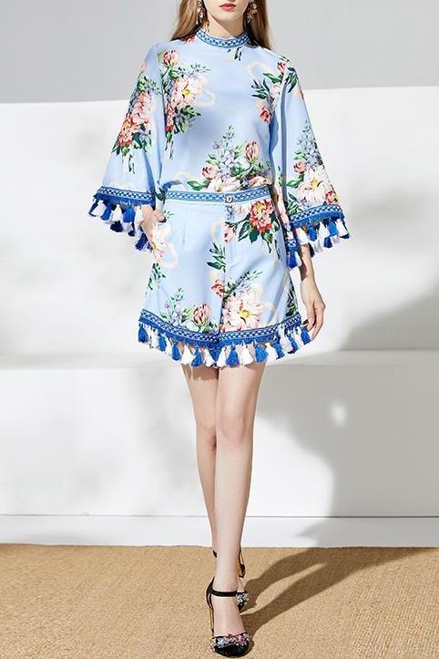 Blue Floral Tassel Two Piece Set - Blue / 2 - Clothing