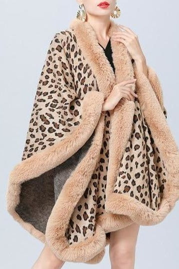 Camille Leopard Faux Fur Poncho - Beige / One Size - Clothing