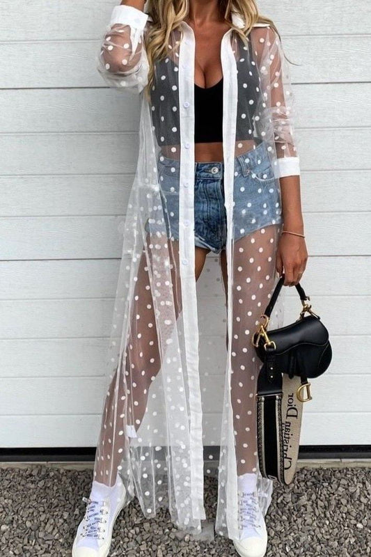 Claudia Polka Dot Mesh Cardigan - S / White - Clothing