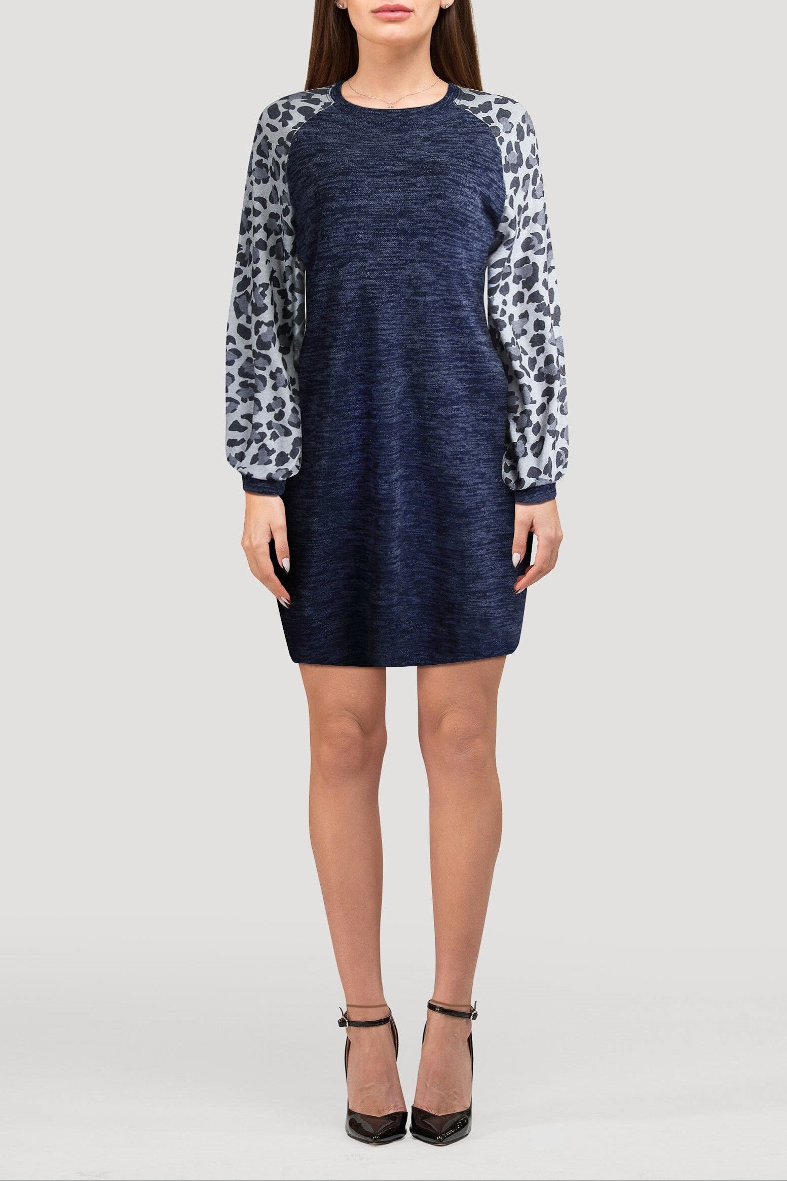 Darcey Leopard Sleeve Mini Dress - S / Navy Blue - Clothing