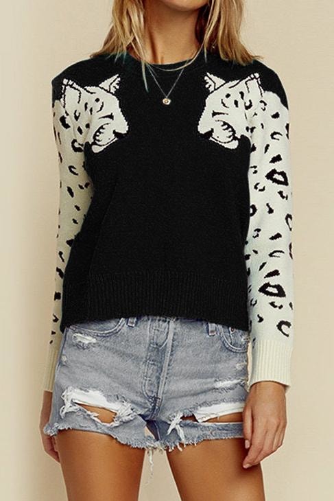 Didi Double Leopard Sleeve Sweater - S / Black - Clothing