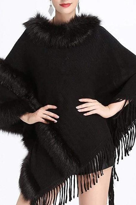 Double Layer Faux Fur Poncho - Black / One Size - Scarves