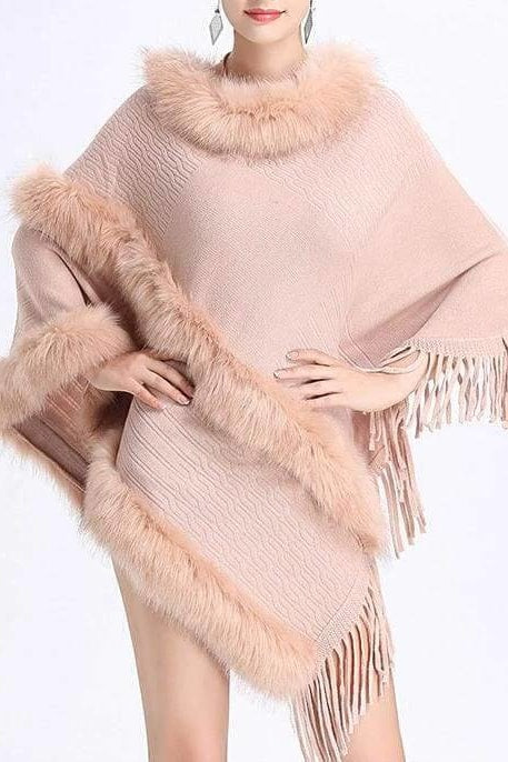 Double Layer Faux Fur Poncho - Blush / One Size - Scarves