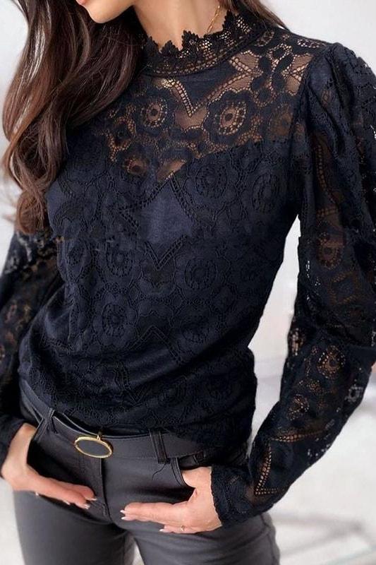 Elsy Puff Sleeve Lace Top - Black / XL - Clothing
