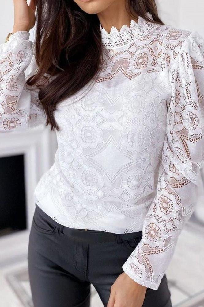 Elsy Puff Sleeve Lace Top - White / S - Clothing