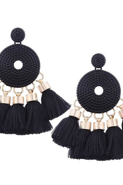 Ethnic Layer Tassel Earrings - Black - Jewelry