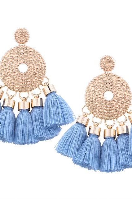 Ethnic Layer Tassel Earrings - Blue - Jewelry
