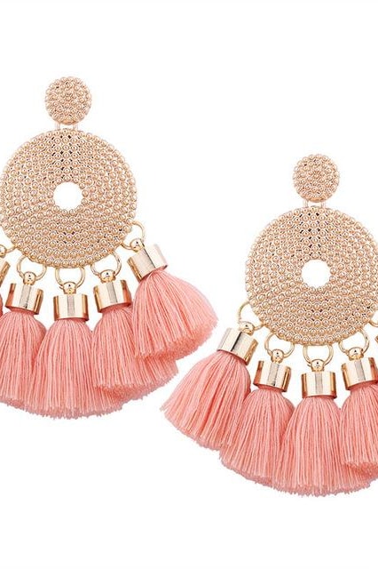 Ethnic Layer Tassel Earrings - Pink - Jewelry