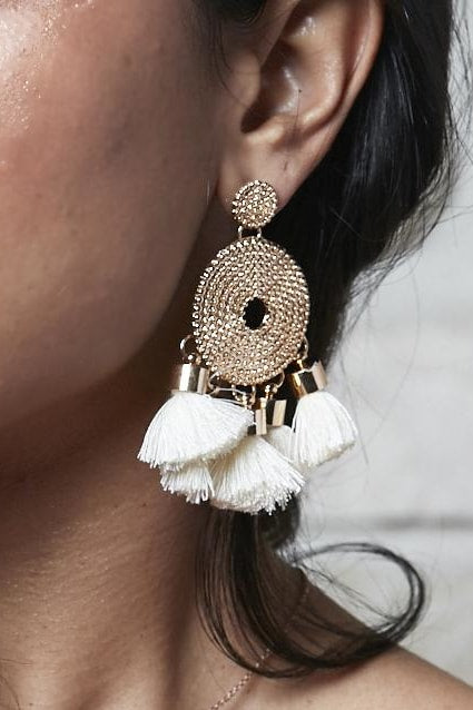 Ethnic Layer Tassel Earrings - White - Jewelry