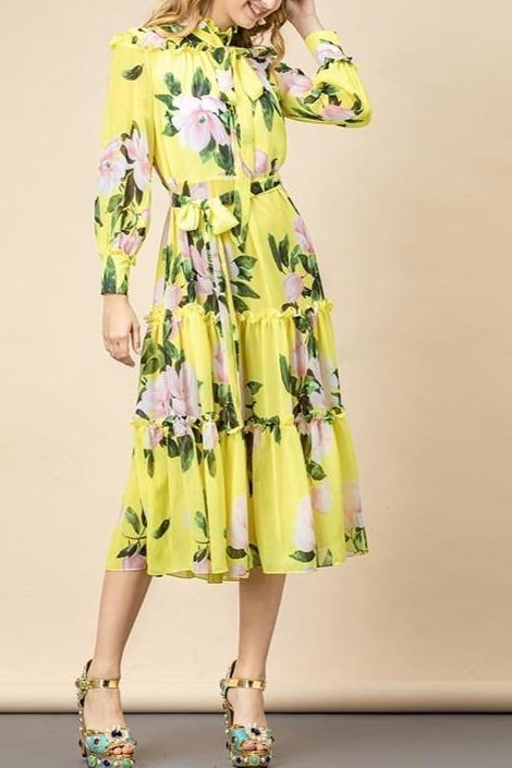 Floral Bow Belt Midi Dress - Clothing