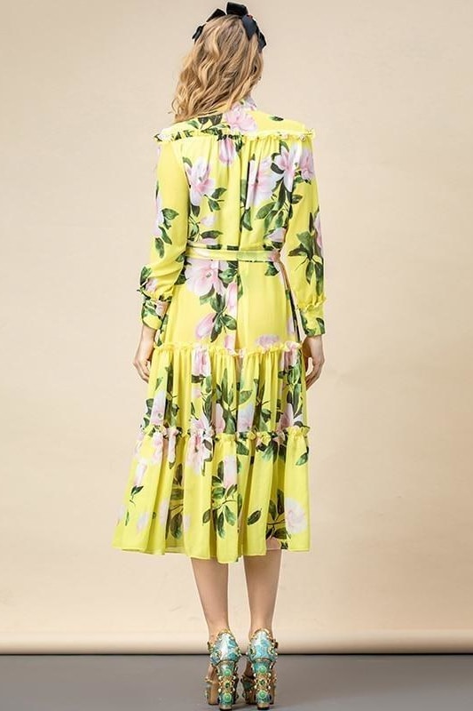 Floral Bow Belt Midi Dress - Clothing