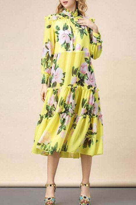 Floral Bow Belt Midi Dress - Clothing