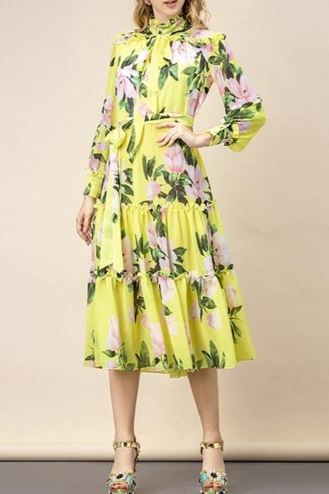 Floral Bow Belt Midi Dress - Yellow / 6 - Clothing