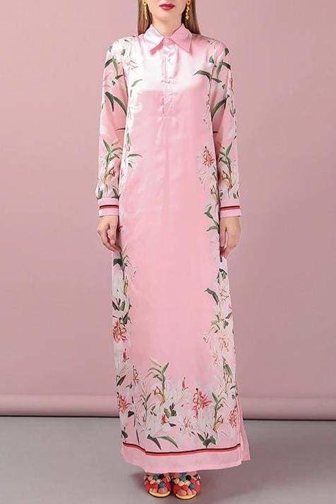 Floral Collar Maxi Dress - Pink / 14 - Clothing