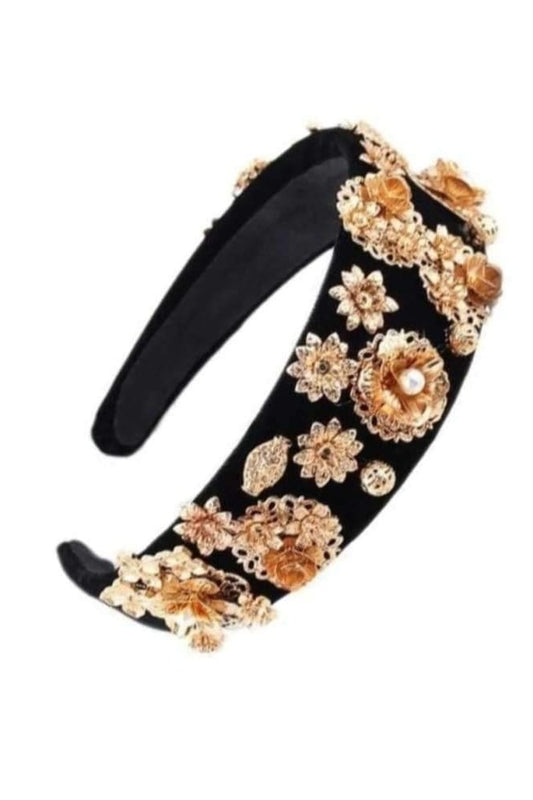 Floral Crystal Headband - Gold - Accessories