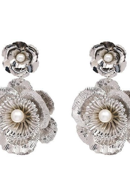Floral Pearl Dangle Earrings - Silver - Jewelry