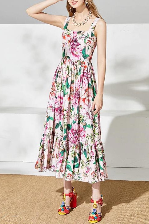 Floral Ruffle Maxi Dress - Pink / Clothing