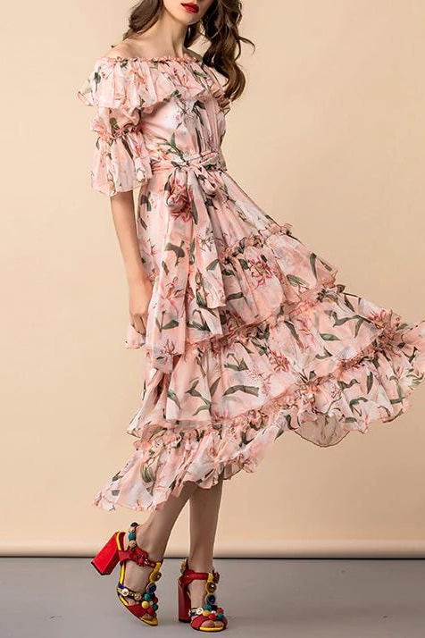 Floral Ruffle Tiered Dress - Pink / 6 - Clothing