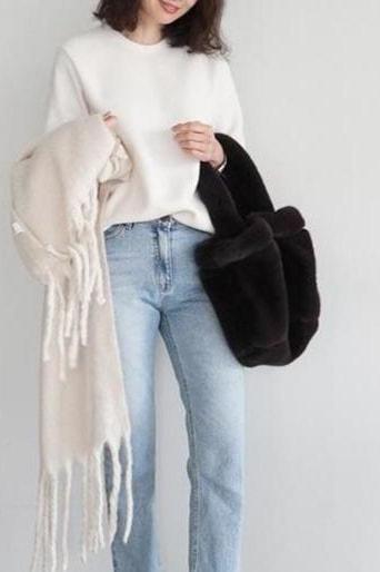 Fluffy Plush Tote - Black - Handbags