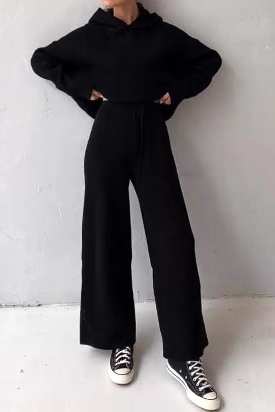 Francesca Knitted Hoodie Set - S / Black