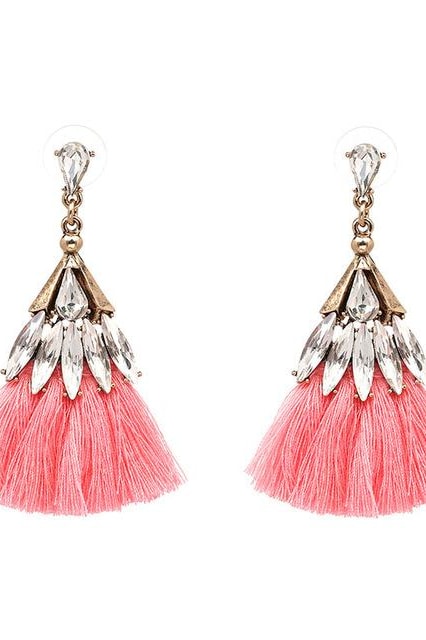 Fringe Rhinestone Earrings - Pink - Jewelry