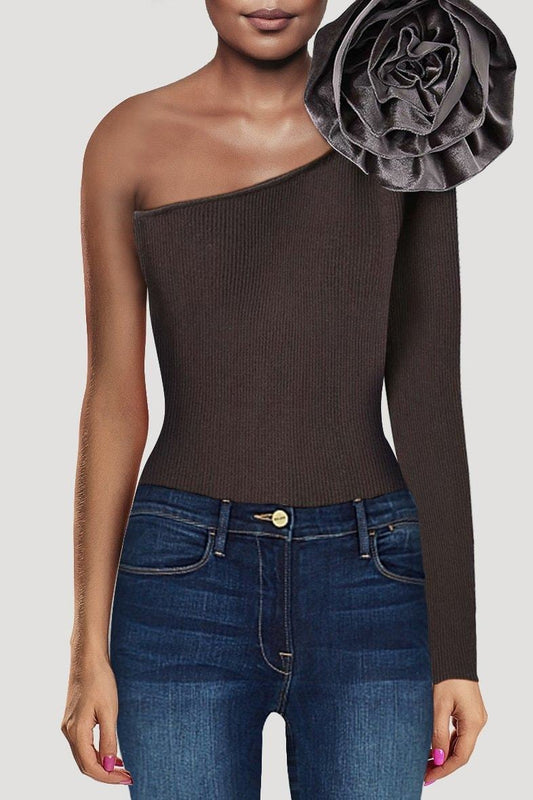 Giselle One Shoulder Rose Top - S / Deep Sable - Clothing